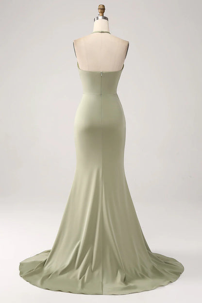 V-neck beaded long slit ball dress with waist cinched mermaid