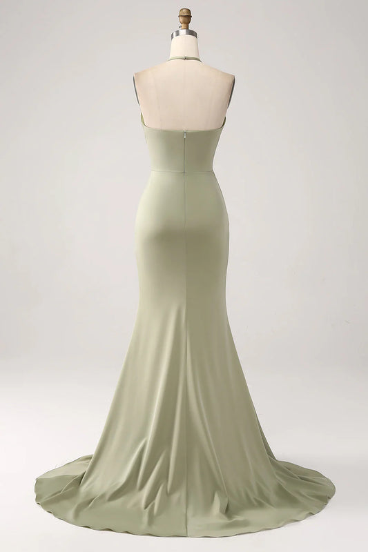 V-neck beaded long slit ball dress with waist cinched mermaid