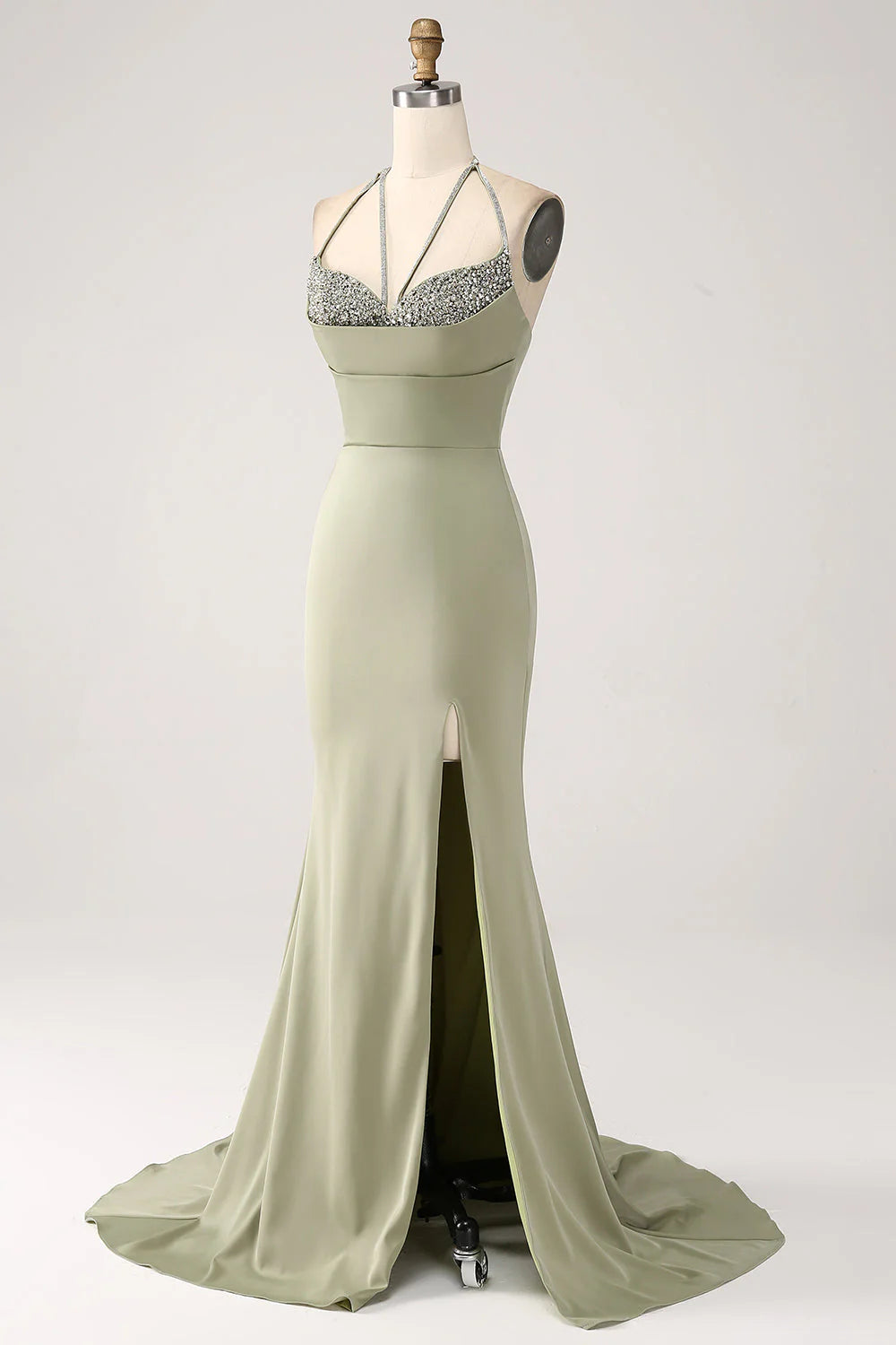 V-neck beaded long slit ball dress with waist cinched mermaid
