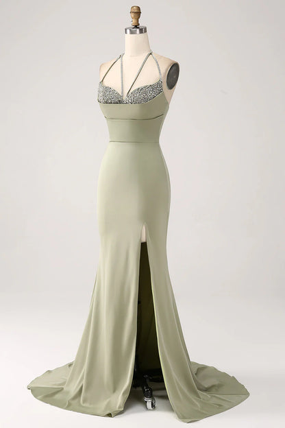 V-neck beaded long slit ball dress with waist cinched mermaid