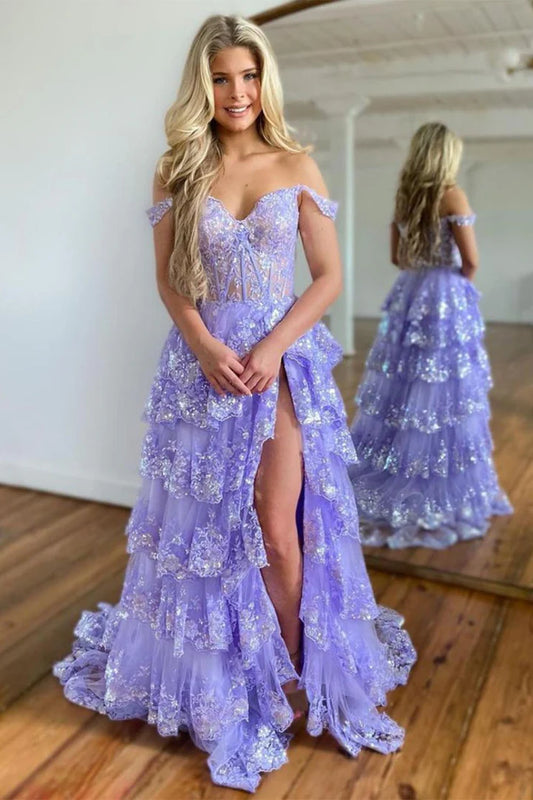 Lavender deep V-pleated fishbone side split suspender ball dress