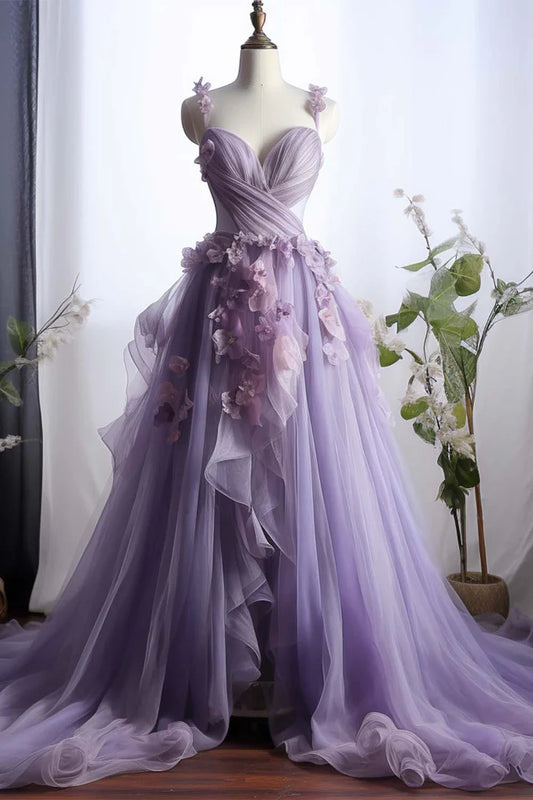 Cute chiffon lilac deep V-strap applique dance dress