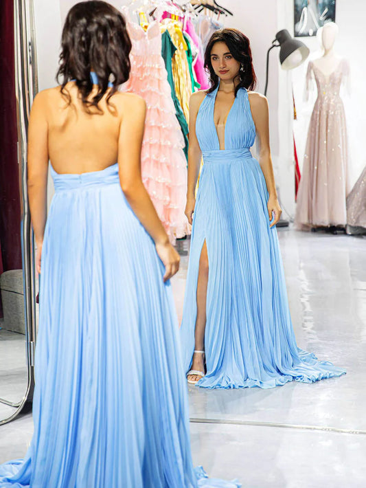 Light Blue Deep V-Back Ball Dress