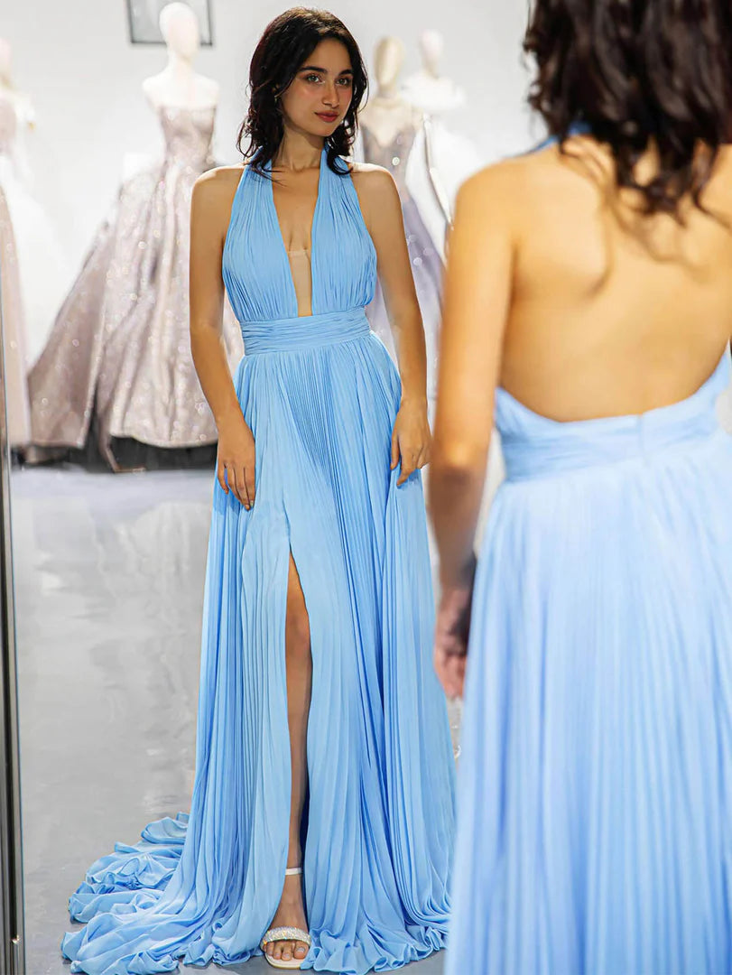 Light Blue Deep V-Back Ball Dress