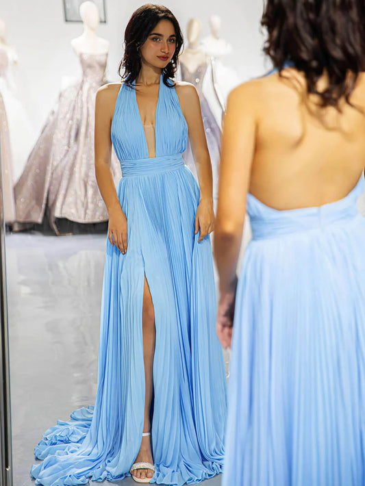 Light Blue Deep V-Back Ball Dress