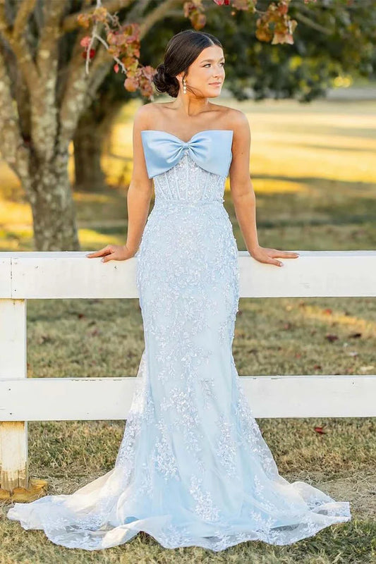 Strapless Lace Appliques Prom Dress with Bow