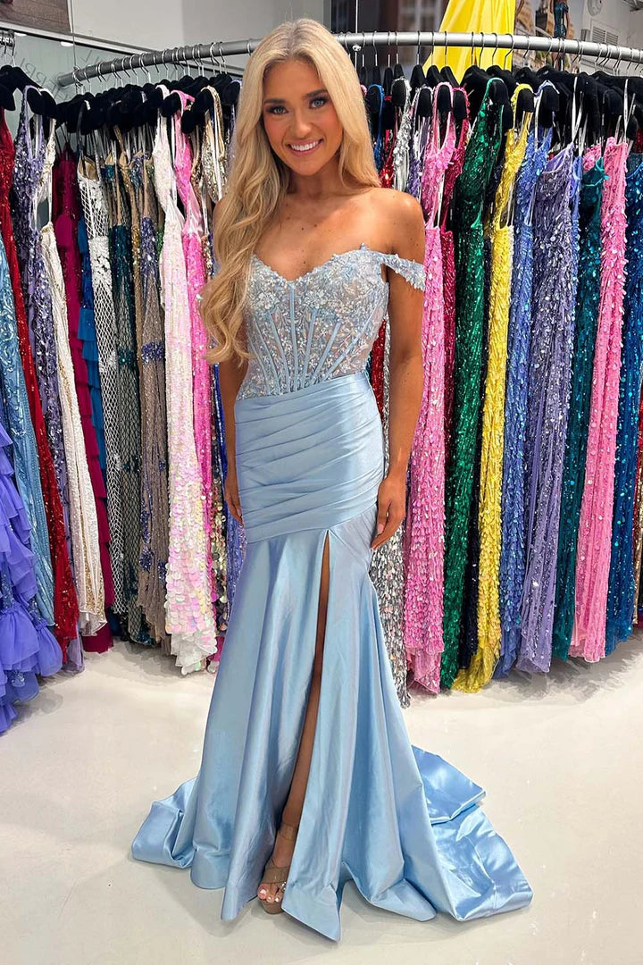Off shoulder slit ball gown tight corset