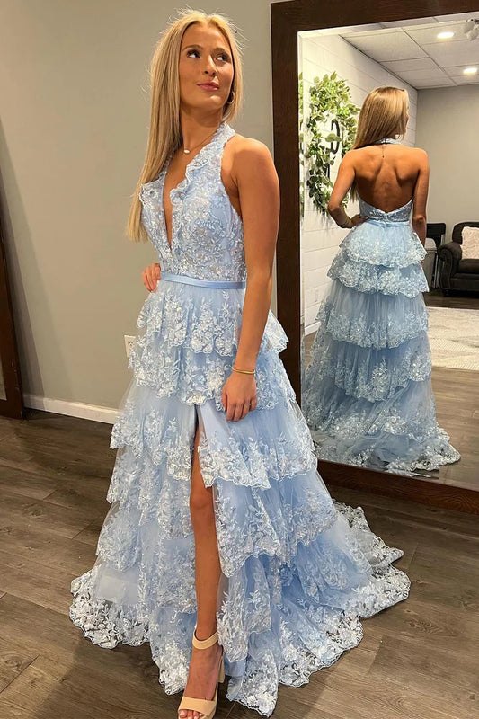 Deep V-neck backless light blue pleated ball skirt