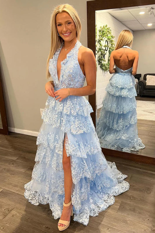 Deep V-neck backless light blue pleated ball skirt