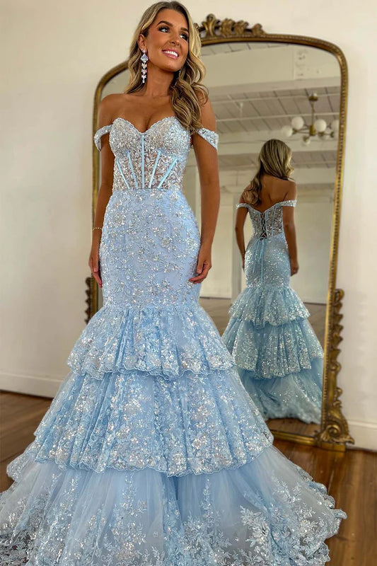 Mermaid Sheer Bodice Tiered Prom Dress with Sequins