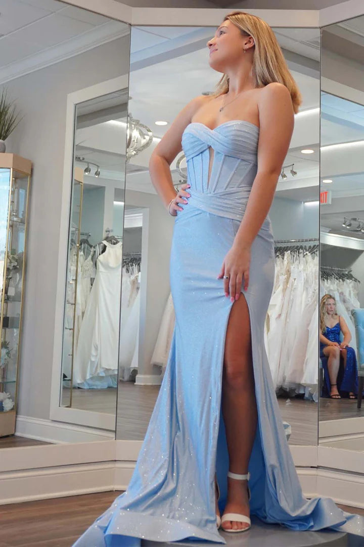 Fitted Corset Slit Strapless Prom Dress