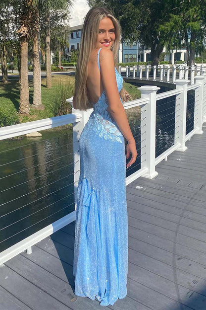 Deep V backless 3D flower split sequin dance dress floor length long skirt