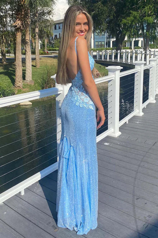 Deep V backless 3D flower split sequin dance dress floor length long skirt