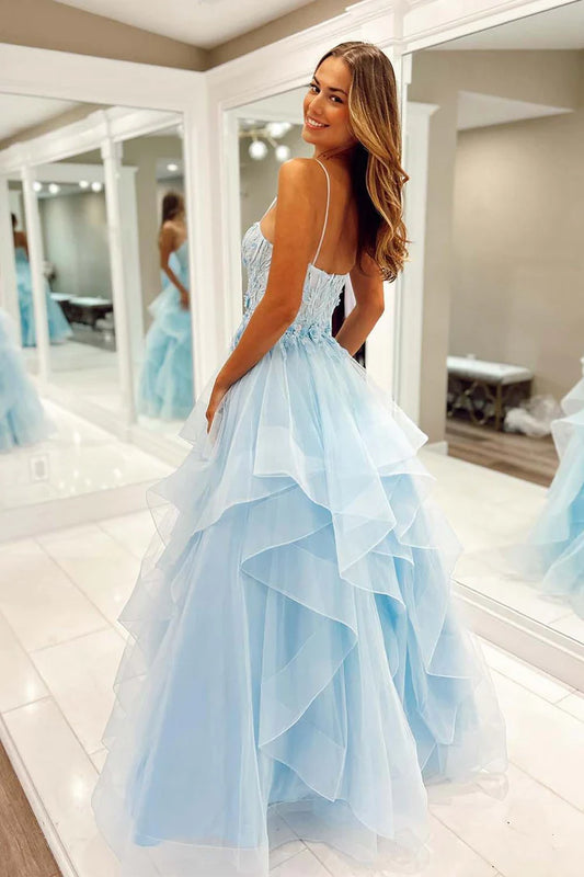 Light blue thin suspender deep V-layered ball gown