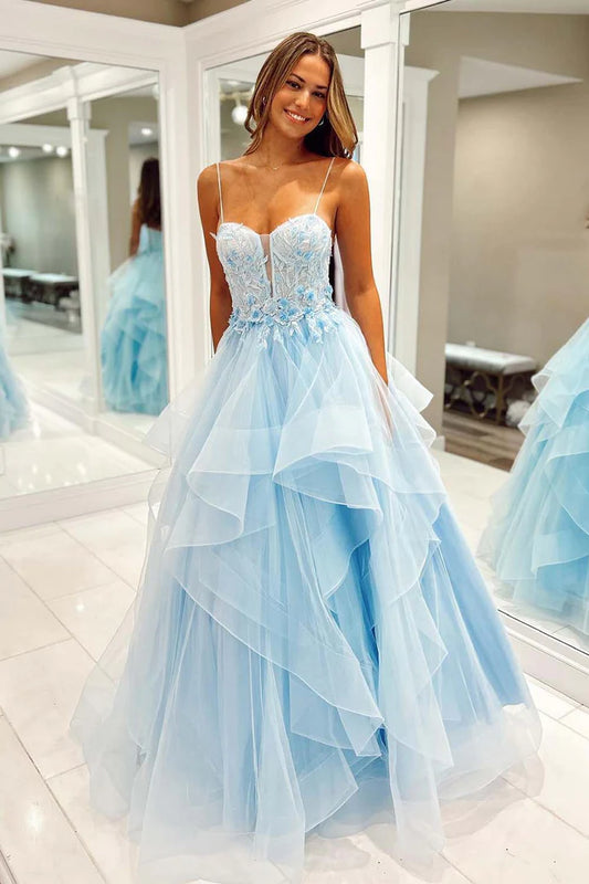 Light blue thin suspender deep V-layered ball gown