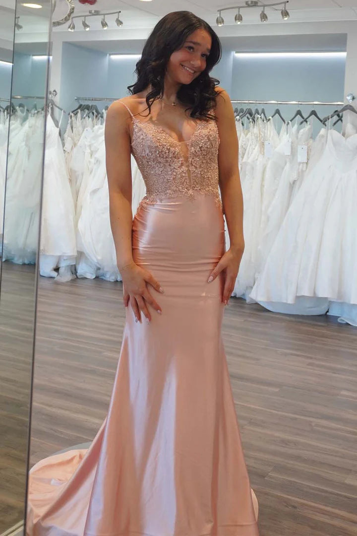 Light Pink Satin Appliques Prom Dress