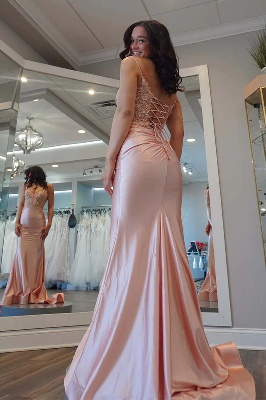 Light Pink Satin Appliques Prom Dress
