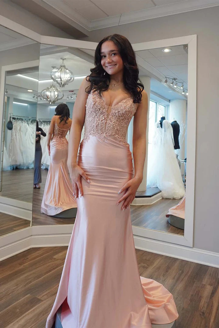 Light Pink Satin Appliques Prom Dress
