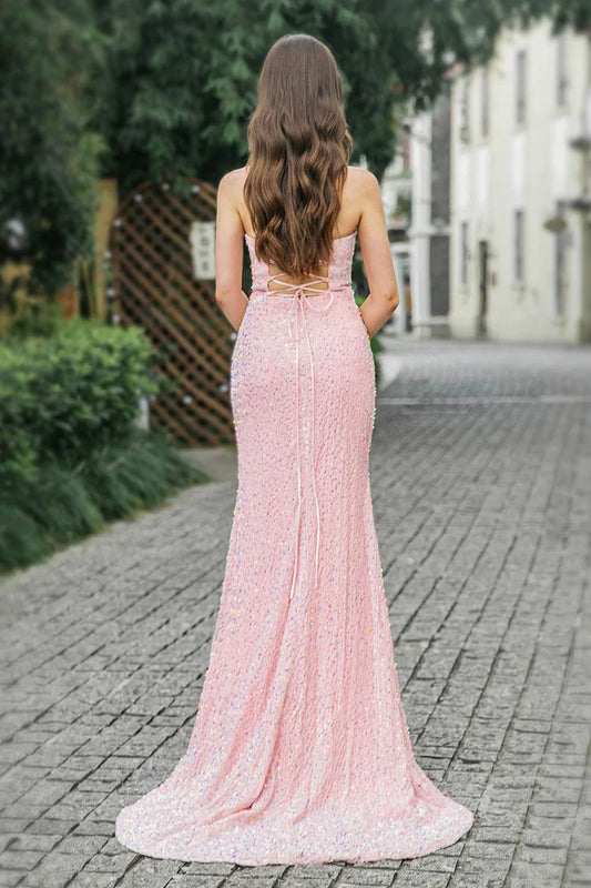 Pink Sequin High Slit Prom Dress
