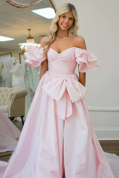 Light Pink Slit Prom Gown with Ruffle Sleeves