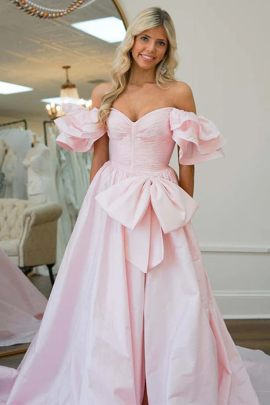 Light Pink Slit Prom Gown with Ruffle Sleeves