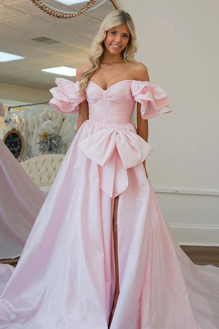 Light Pink Slit Prom Gown with Ruffle Sleeves