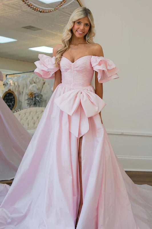 Light Pink Slit Prom Gown with Ruffle Sleeves