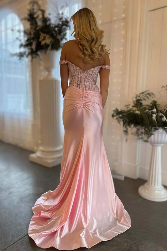 Satin light pink off shoulder camisole cinched ball skirt, floor length skirt