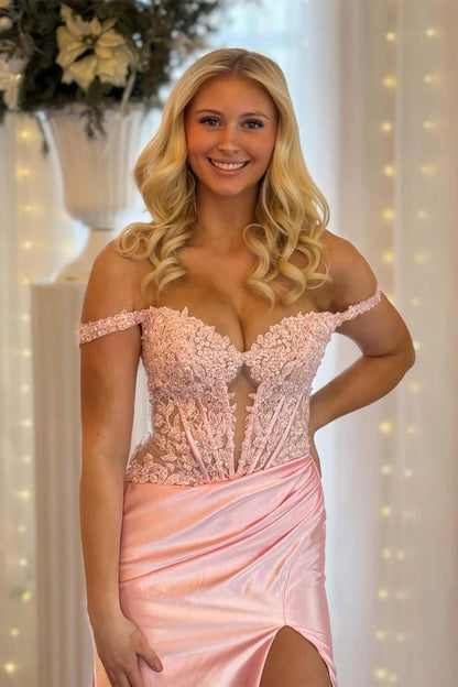 Satin light pink off shoulder camisole cinched ball skirt, floor length skirt