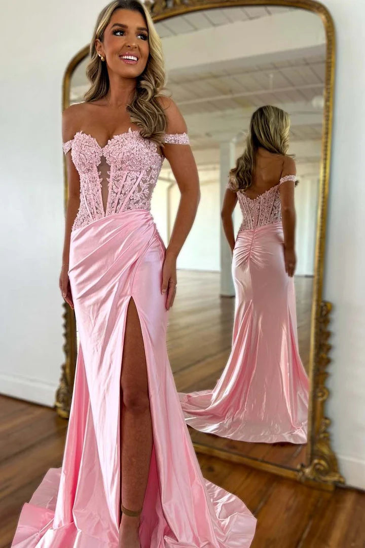 Satin light pink off shoulder camisole cinched ball skirt, floor length skirt