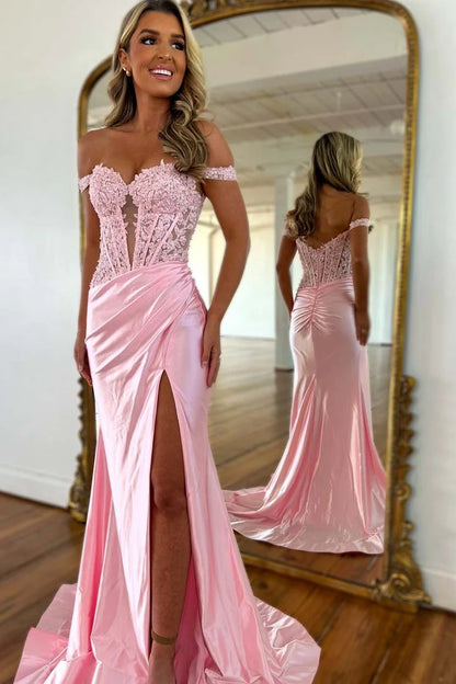 Satin light pink off shoulder camisole cinched ball skirt, floor length skirt