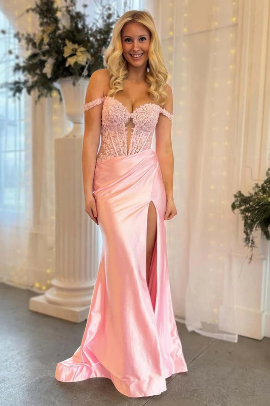 Satin light pink off shoulder camisole cinched ball skirt, floor length skirt