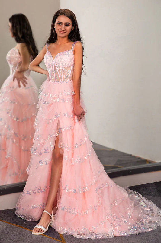 Deep V transparent tight fishbone corset pleated side slit ball dress