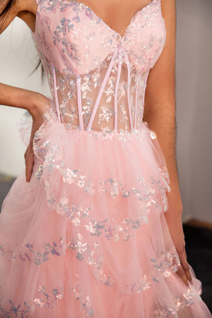 Deep V transparent tight fishbone corset pleated side slit ball dress