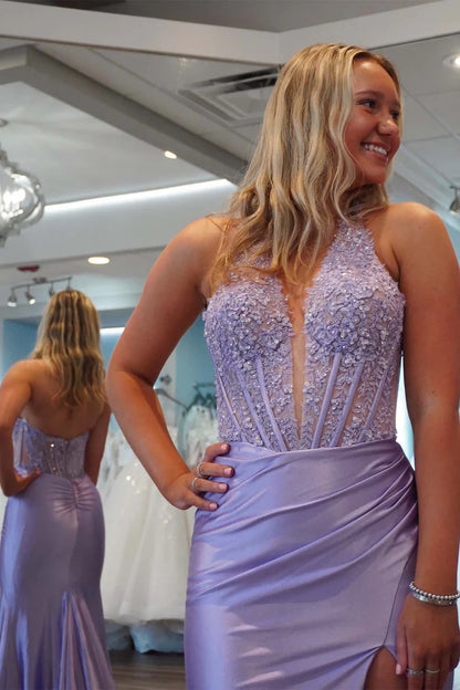 Hanging neck deep V-side split ball dress with decals