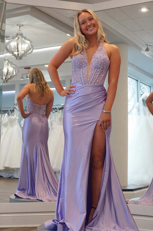 Hanging neck deep V-side split ball dress with decals