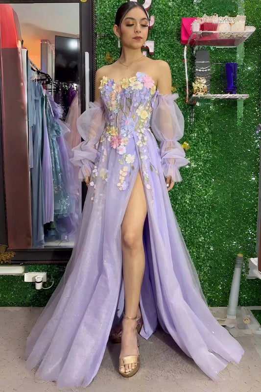 3D floral lavender strapless bubble sleeve ball gown