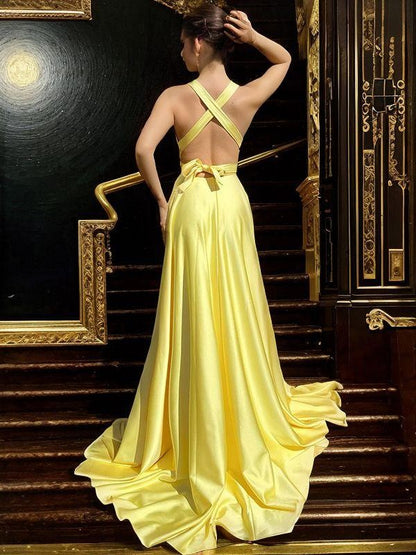 A-Line/Princess Silk like Satin Ruffles V-neck Sleeveless Sweep/Brush Train Dresses