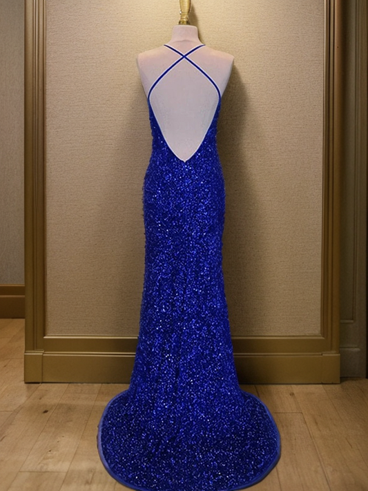 Sheath/Column Velvet Sequins V-neck Sleeveless Sweep/Brush Train Dresses