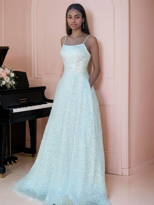 A-line/princess sequin thin shoulder strap sleeveless backless dress