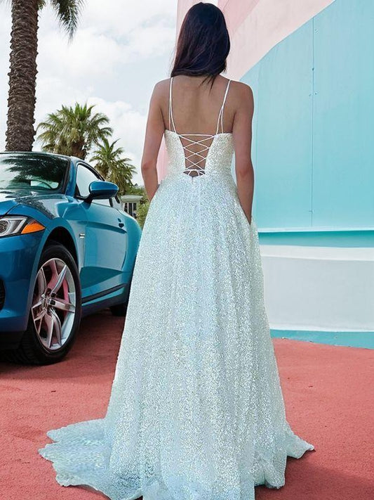 A-line/princess sequin thin shoulder strap sleeveless backless dress
