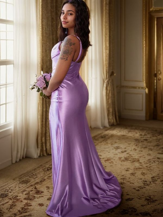 Sheath/Column Elastic Woven Satin Ruched Spaghetti Straps Sleeveless Sweep/Brush Train Dresses