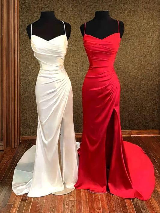 Sheath/Column Elastic Woven Satin Ruched Spaghetti Straps Sleeveless Sweep/Brush Train Dresses