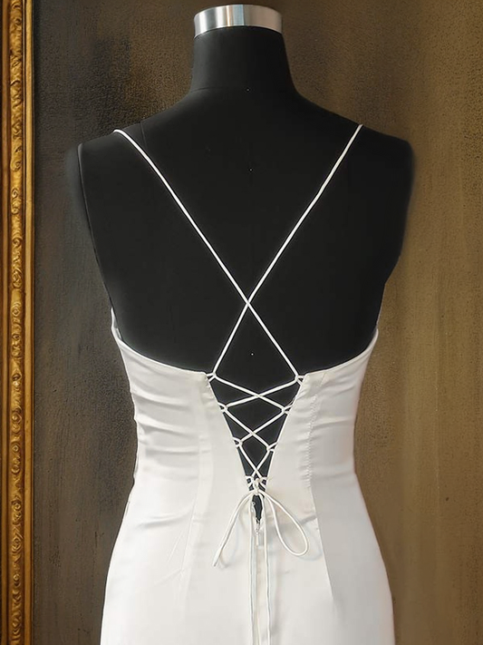Sheath/Column Elastic Woven Satin Ruched Spaghetti Straps Sleeveless Sweep/Brush Train Dresses