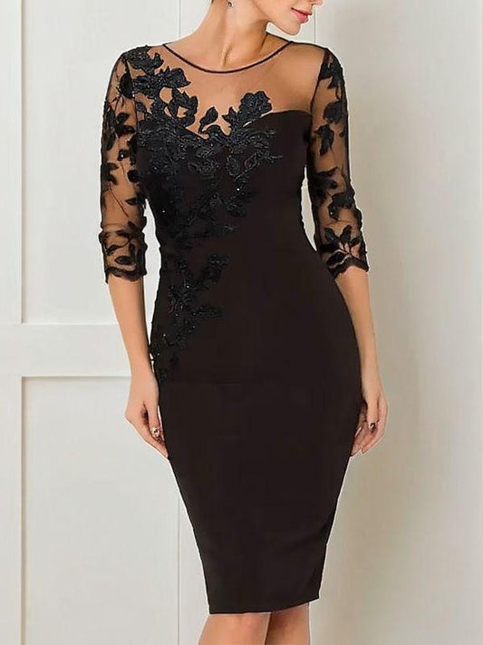 Sheath/Column Stretch Crepe Applique Scoop 3/4 Sleeves Knee-Length Mother of the Bride Dresses
