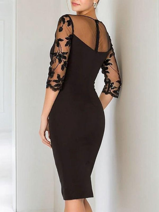 Sheath/Column Stretch Crepe Applique Scoop 3/4 Sleeves Knee-Length Mother of the Bride Dresses