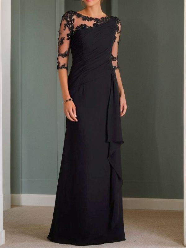 Sheath/Column Chiffon Applique Scoop 3/4 Sleeves Floor-Length Mother of the Bride Dresses