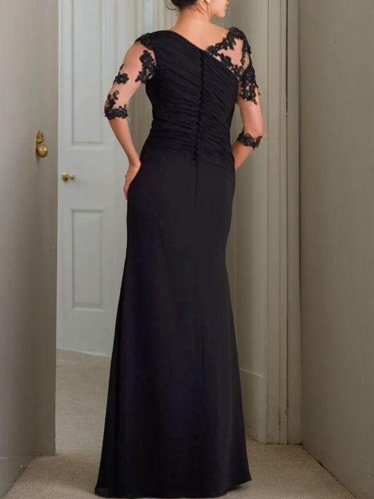Sheath/Column Chiffon Applique Scoop 3/4 Sleeves Floor-Length Mother of the Bride Dresses
