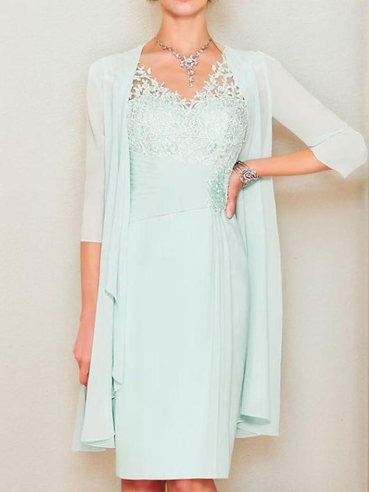 Sheath/Column Chiffon Applique V-neck Sleeveless Knee-Length Mother of the Bride Dresses