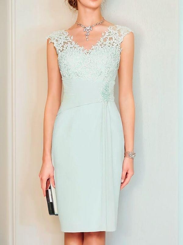 Sheath/Column Chiffon Applique V-neck Sleeveless Knee-Length Mother of the Bride Dresses